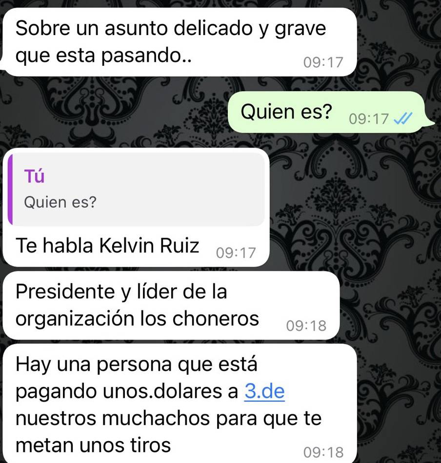 En este momento estás viendo “Te escribe Kelvin Ruiz, líder de Los Choneros y alguien ha pagado para meterte unos tiros”, el mensaje con el que delincuentes buscan extorsionar en Ecuador